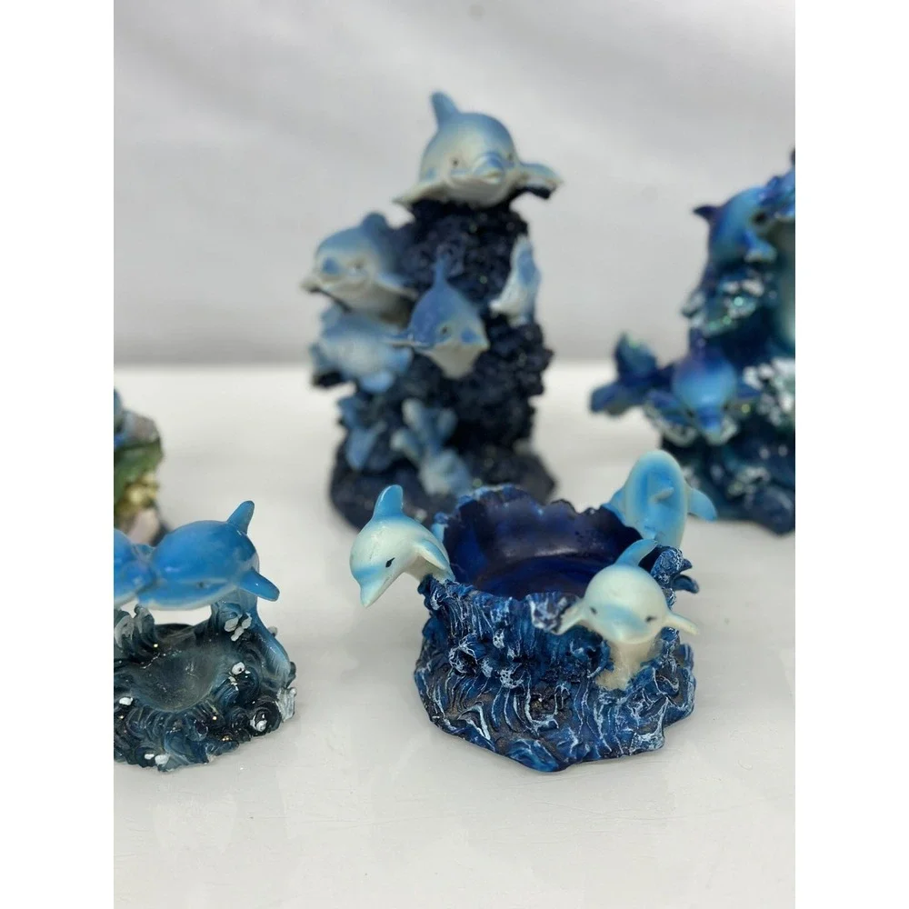 Marine Sea Ocean Set of 7 Blue Dolphins Swimming Over Giant Reef Waves Figurine